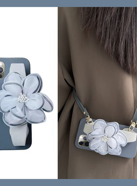 蓝色纱花适用苹果iphone15promax手机壳14plus冷淡风13mini迷你腕带手腕por韩系ipone硅胶pm软壳斜挎个性可背