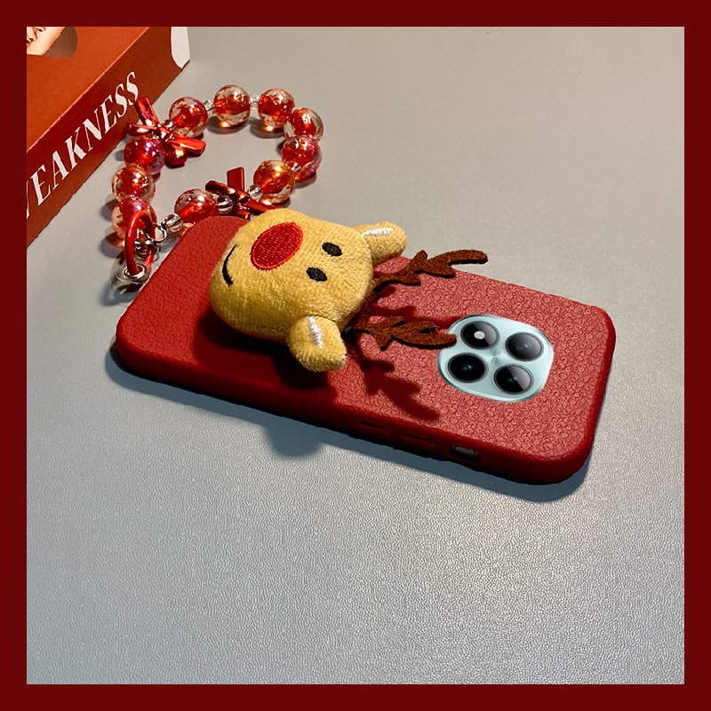 红色圣诞麋鹿适用小米红米note15pro+手机壳noto14立体13挂链12turbo可爱11tpor皮纹10仿皮redmi卡通十秋冬软