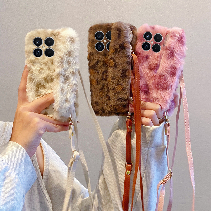 ins风豹纹腕带适用小米红米k90promax手机壳k80斜挎k70pro秋冬季k60e至尊版k50毛绒turbo4/3/k40s/k30i/12x软