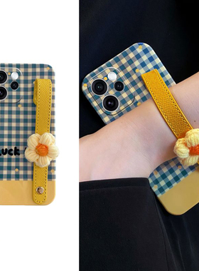 ins风针织花朵适用opporeno15手机壳reon15pro腕带十五蓝色por格纹0ppo立体oppo液态硅胶新款手提全包防摔软p