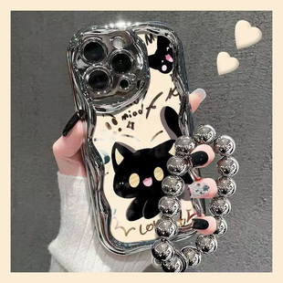 电镀黑色猫咪适用苹果iphonex手机壳xr日韩8plus高级感xsmax带挂链6s硅胶软壳7小众se2银色3个性ipone时尚女