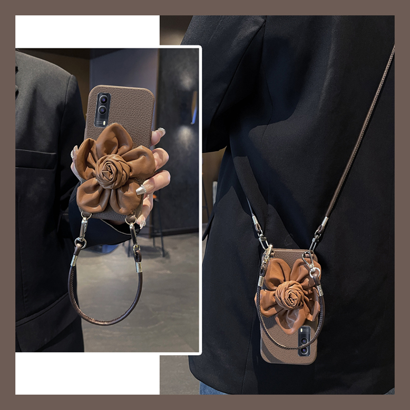 ins风皮质花朵适用vivoy53s手机壳y52s斜挎y31s可背带y37简约y35m+立体y36i仿皮y33e十y30/y20/y7s/z5/vivo软