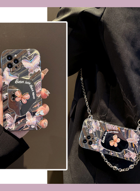 高级感蝴蝶适用苹果iPhone15promax手机壳14plus电镀13pm镜面12por斜挎ipone11日韩x8xsmax7xr手提se2se3硅胶