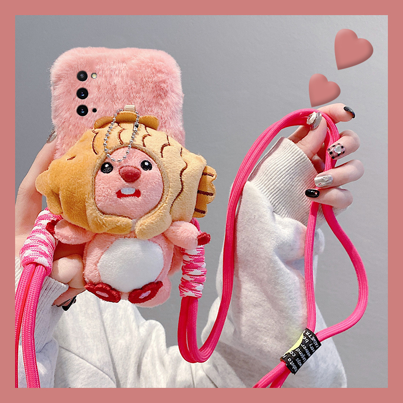 粉色露比小海狸适用三星a90手机壳a80斜挎a70s可背带a50秋冬季a30毛绒a20毛茸茸a10软a52/a8s/galaxy/a53/f52