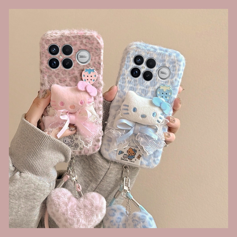 草莓豹纹kt猫适用小米红米k90promax手机壳k80挂件k70pro秋冬季k60e至尊版k50毛绒turbo4/3/k40s/k30i/12x软p