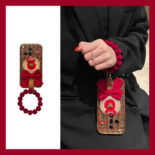 格纹蝴蝶结小熊适用oppofindx8手机壳真我x50pro斜挎k12x可背带x7秋冬季realme挂链findx6pro卡通ultra/x5/x3