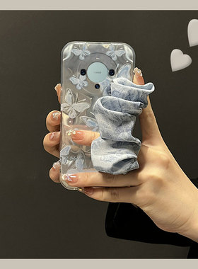 蓝色蝴蝶丝巾适用华为mate60pro手机壳mata50e腕带rs保时捷设计mete40e+十meta30斜挎20x可背10硅胶9软壳夏天