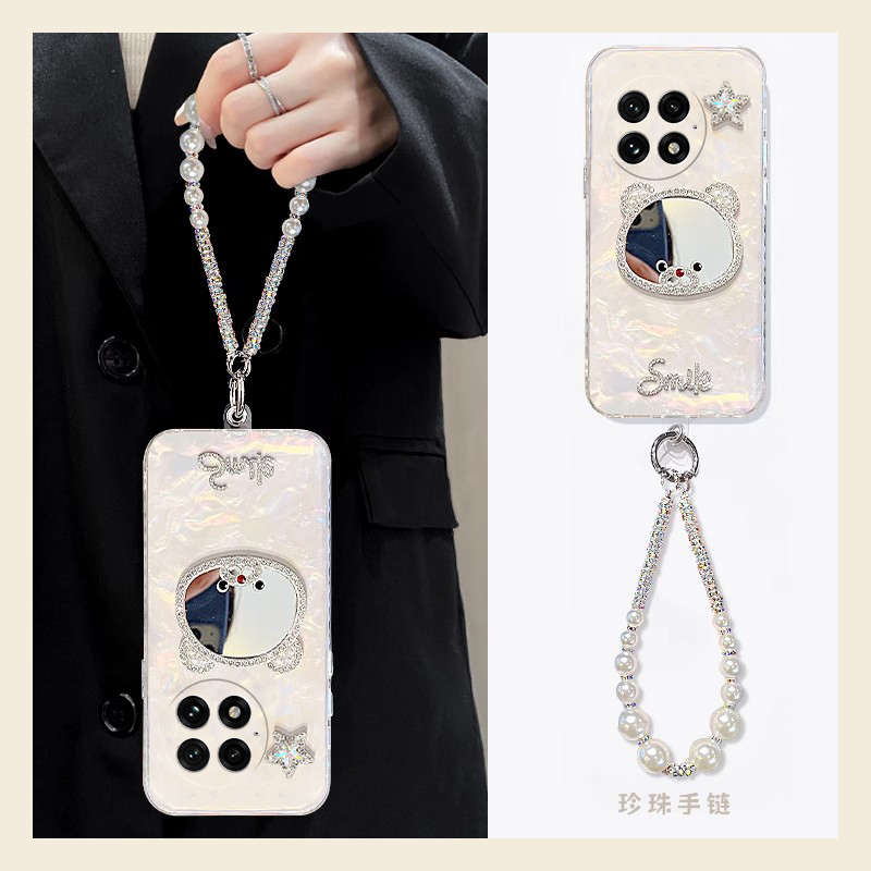 星星小熊镜子适用oppo一加12手机壳ace3立体2pro水钻2v挂链1可爱9rt贝壳纹8t硅胶7tpro卡通6t/1+oneplus镜面p