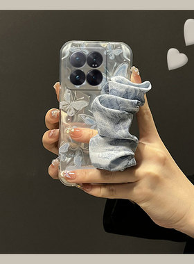 蓝色蝴蝶丝巾适用小米14pro手机壳13ultra腕带12spro斜挎12x可背11青春版10mix4硅胶9a女mi8se套civi4/3/2/1s