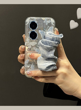 蓝色蝴蝶丝巾适用vivoy100t手机壳y77e腕带y97斜挎y93s可背y85硅胶y83软壳y81小众y100i/vivo/y53女y35y33y76