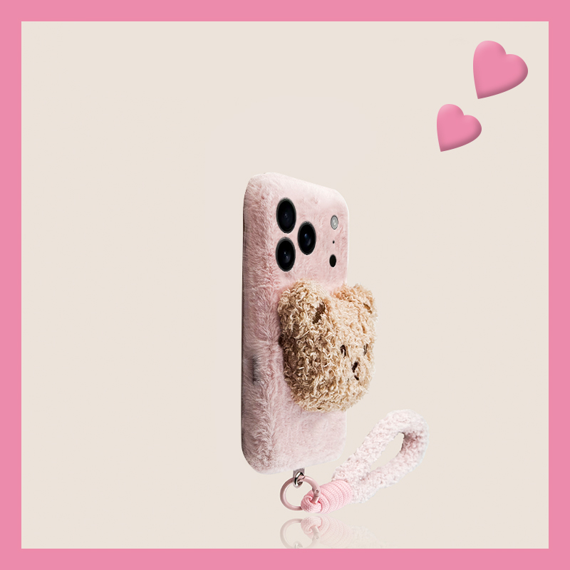 棕色呆萌小熊适用苹果17air手机壳iphone16promax尼龙绳15plus立体14秋冬13mini迷你12毛绒11卡通xr8/7xsmax6