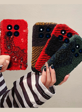 ins风红色格子适用小米红米note15pro+手机壳noto14撞色13拼色12turbo+秋冬季11t绒布10简约9硅胶8/7por毛绒