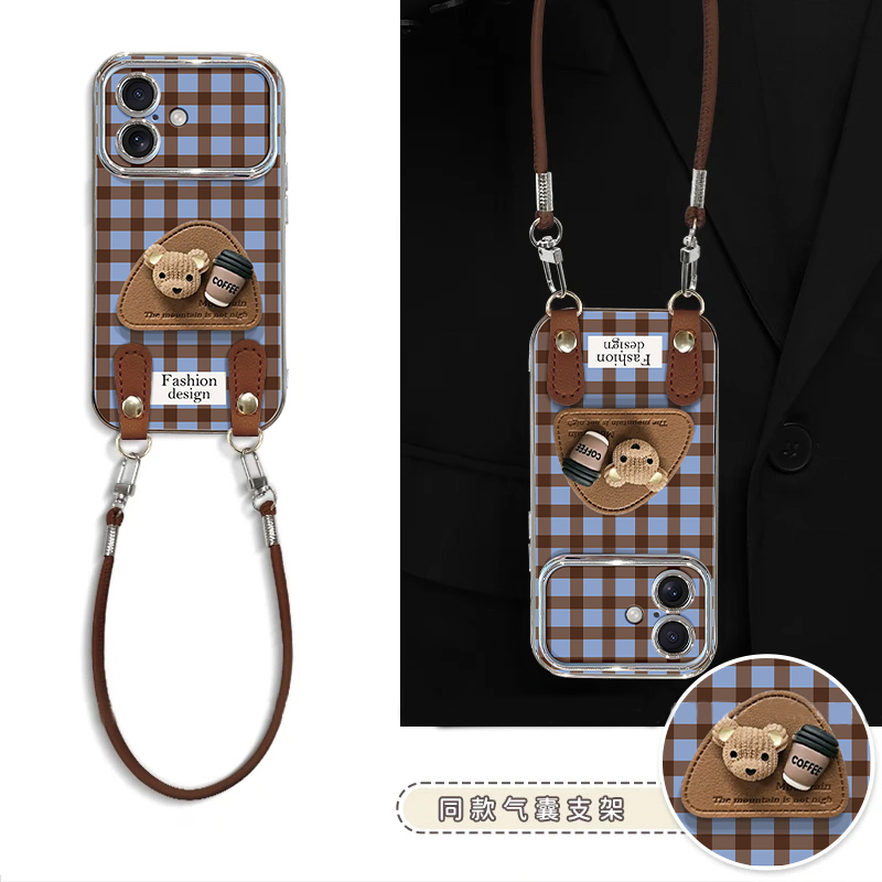 拼色格子适用华为pura80pro+手机壳pura70ultra立体p60咖啡p50e小熊p40支架p30手提绳p20十硅胶huawei卡通软p