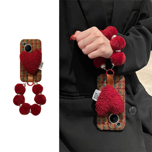 格子爱心适用华为pura70pro手机壳p60art挂绳p50e斜挎p40por+十p30可背p20秋冬季p10plus毛绒绒p9硅胶毛毛女p