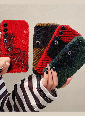 ins风红色格子适用魅族22mini手机壳note16撞色21pro拼色20秋冬18por绒布18x毛绒7/16spor/16t/16x/16thplus