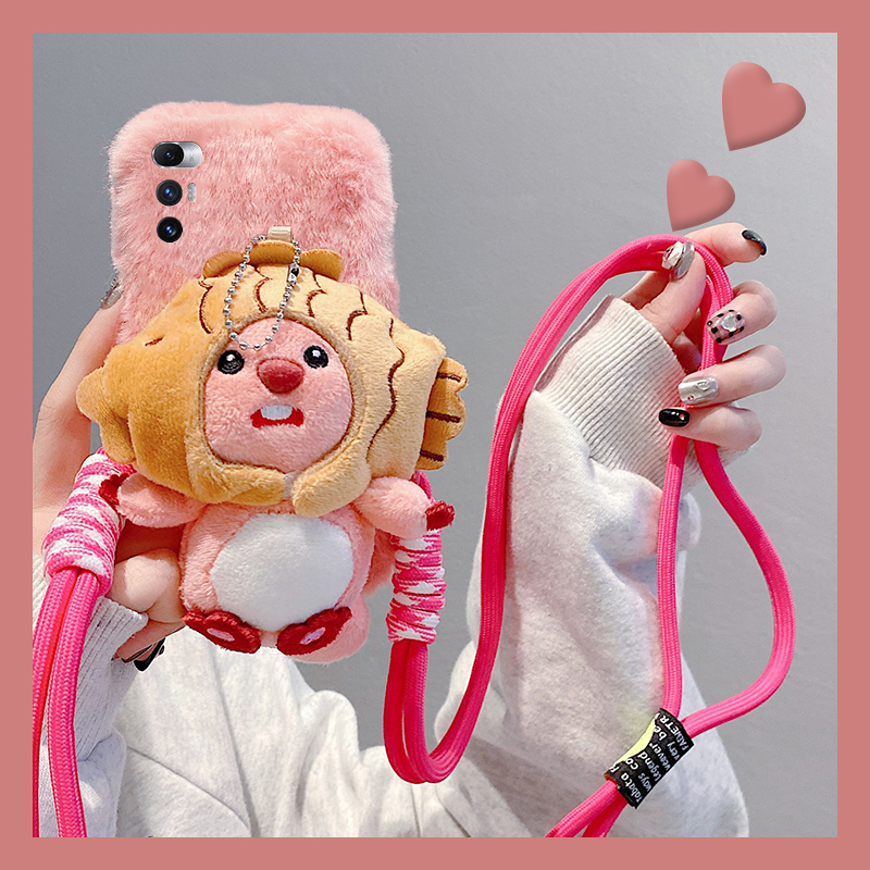 粉色露比小海狸适用小米mixfold4手机壳mixfold3斜挎mixfold2折叠屏mixflip可背带mi秋冬季毛绒毛茸茸卡通硬