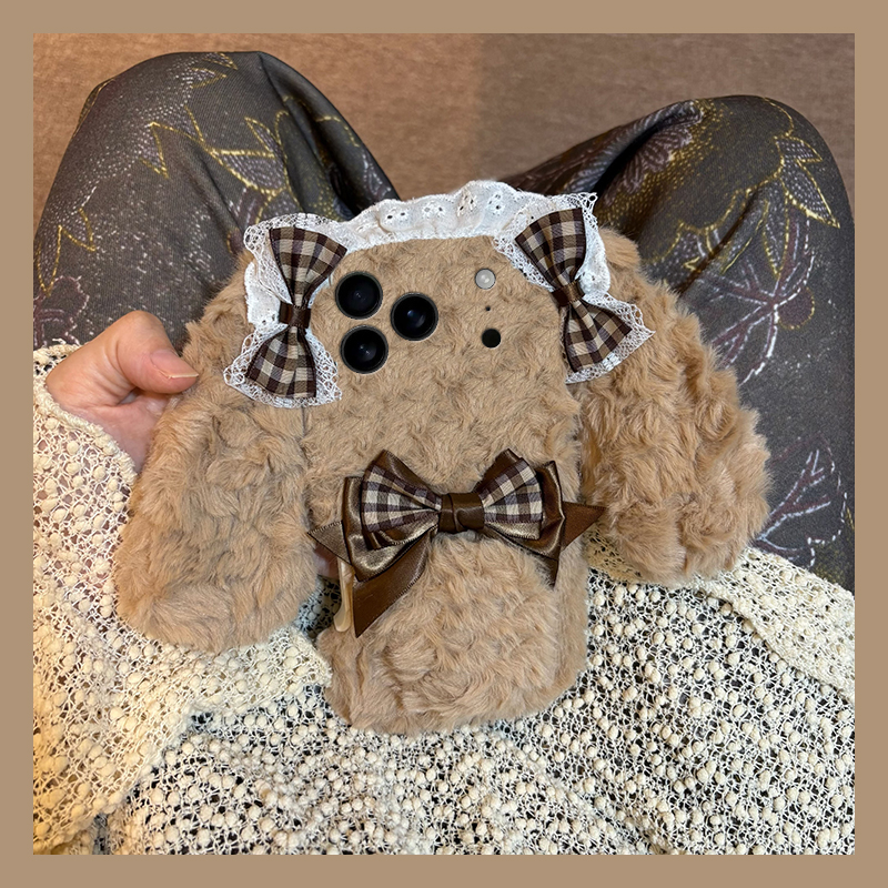 蕾丝格子蝴蝶结苹果适用苹果17air手机壳iphone16promax毛绒15plus耳朵14秋冬13mini迷你12软11/xr8/7xsmax6