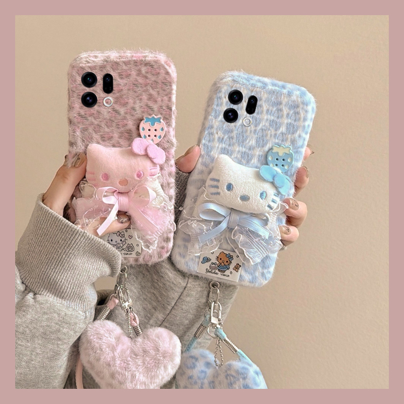 草莓豹纹kt猫适用oppofindx9plus手机壳fondx8挂件x50pro挂绳k12x秋冬季x7毛绒x6por卡通ultra软x5/x3/realme