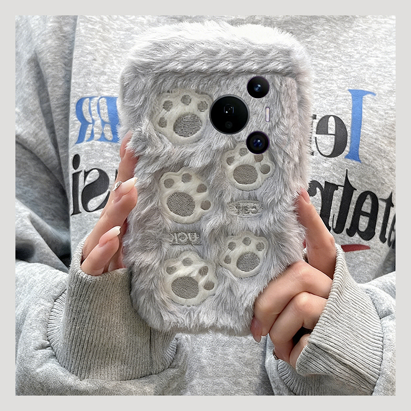 刺绣猫爪适用华为pura80pro+手机壳pura70ultra保暖p60art冬天40por+十p30秋冬季p20毛绒p10plus卡通可爱硅胶