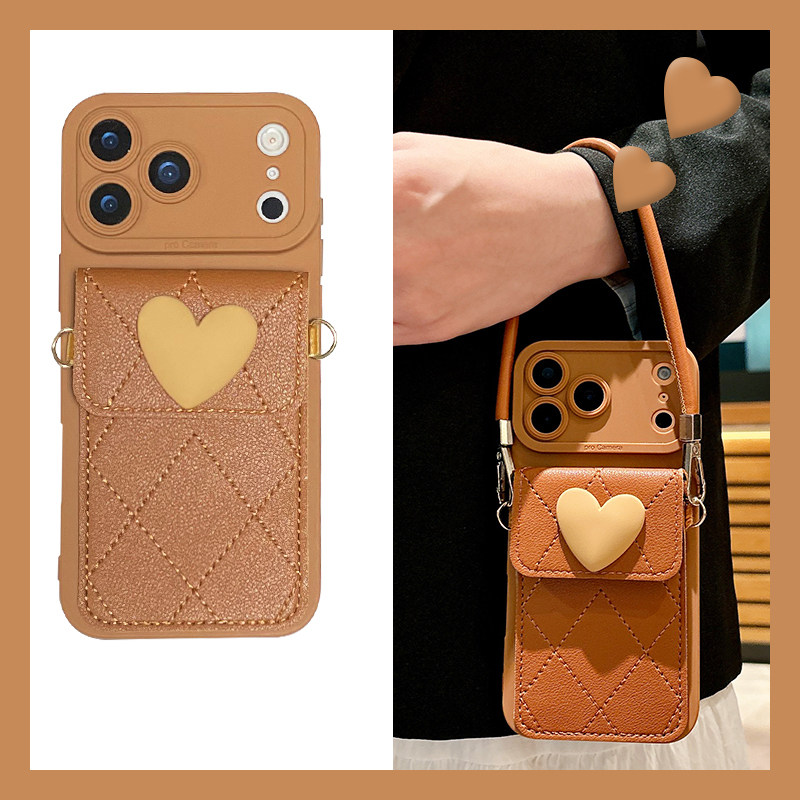 ins风爱心零钱包适用苹果17air手机壳iphone16e菱格15promax斜挎14plus可背带13立体12软11/8/xrmax/7xs/6sp