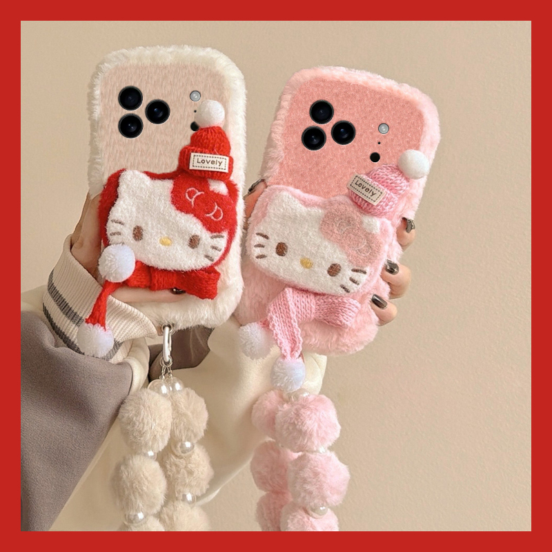 圣诞帽子kt猫适用苹果17air手机壳iphone16promax毛球15plus挂链14秋冬13mini迷你12毛绒11卡通xr8/7xsmax6软