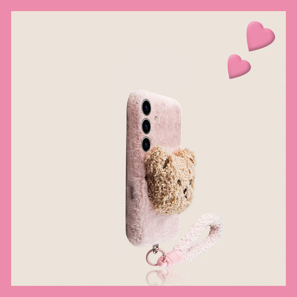 棕色呆萌小熊适用三星s25edge手机壳s24plus尼龙绳s23+十s22立体s21fe秋冬s20ultra毛绒s10卡通s9软s8/note20