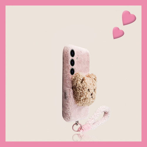 棕色呆萌小熊适用三星s25edge手机壳s24plus尼龙绳s23+十s22立体s21fe秋冬s20ultra毛绒s10卡通s9软s8/note20