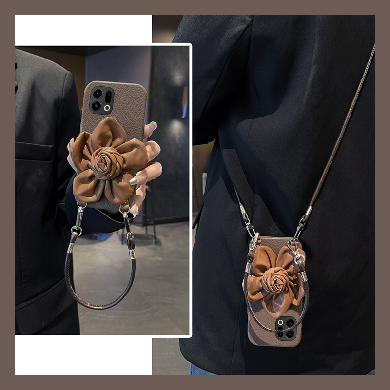 ins风皮质花朵适用oppofindx9plus手机壳fondx8pro斜挎x7可背带k12plus简约k10x皮纹k9s软k7x真我q3s/q2/v23
