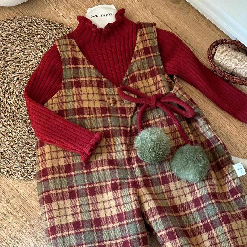 韩国童装2025秋冬新款圣诞格子毛呢背带连身裤女童红色花边打底衫
