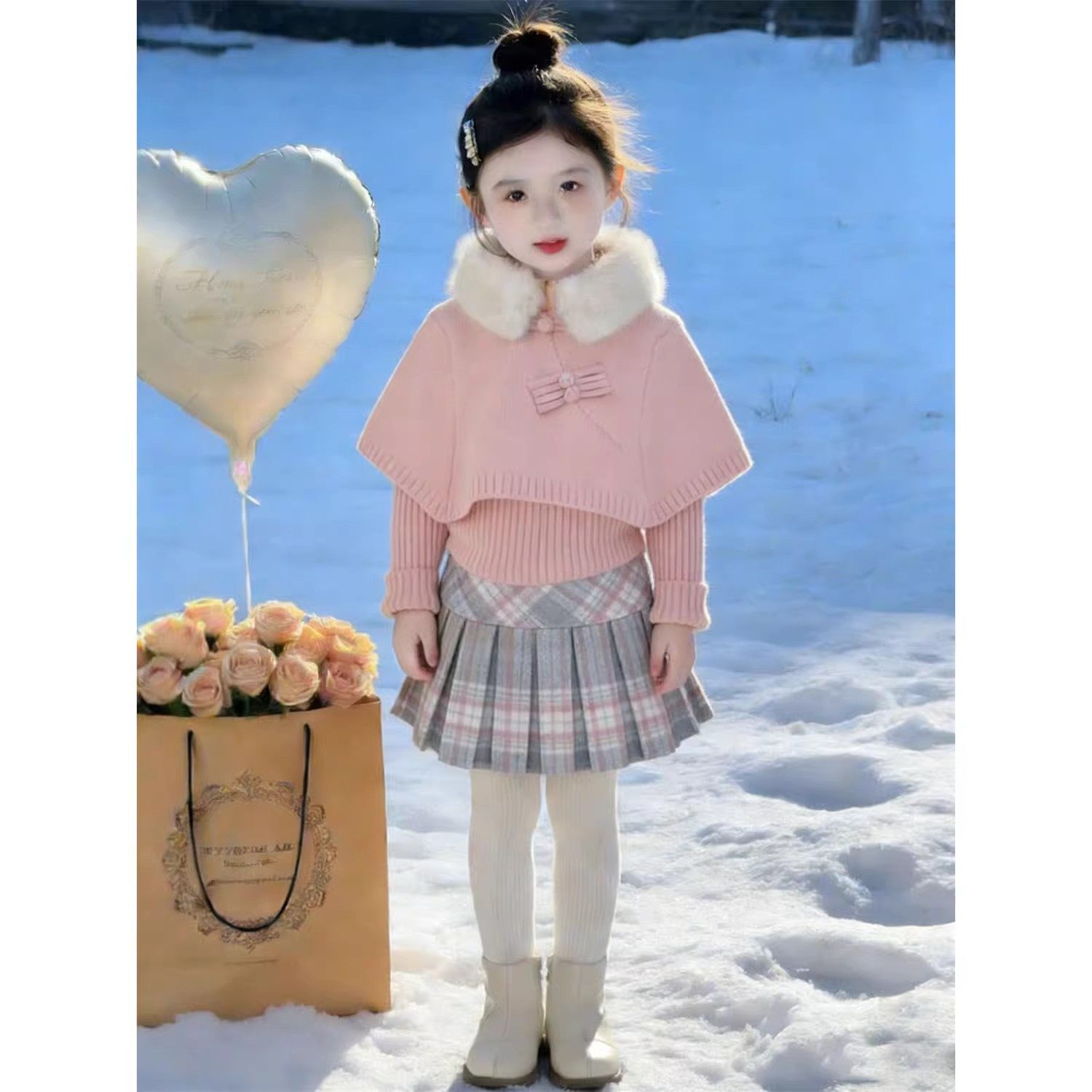 新中式女童2026冬季新款粉色盘扣毛领斗篷毛衣小女孩格纹百褶半裙,童装/婴儿装/亲子装,套装,淘宝优惠券,粉丝福利购,淘宝优惠卷