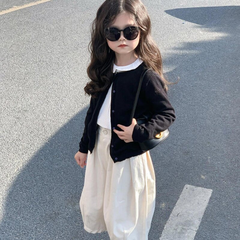 韩国童装2026春季新款女童黑色薄款针织开衫中小童杏色休闲工装裤