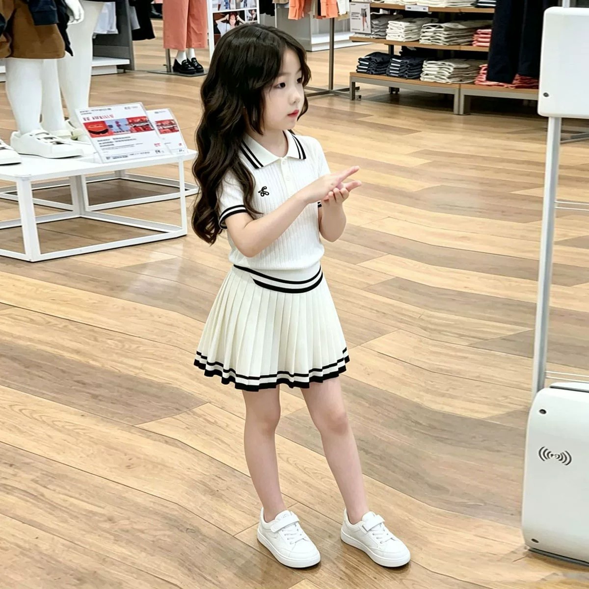 女童夏季白色针织短袖百褶裙套装