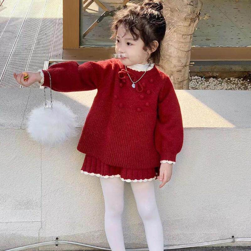 韩版女童2025秋冬新款红色球球针织毛衣半身裙女宝宝洋气上衣裙子