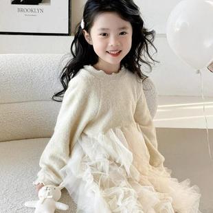 女童米黄色针织连衣裙2026春季新款女孩网纱层拼接蓬蓬毛衣公主裙