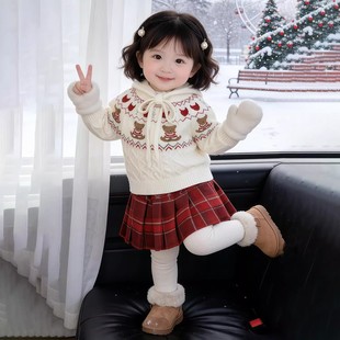 韩版女童2025冬季新款白色可爱小熊提花加厚毛衣小女孩红格纹半裙