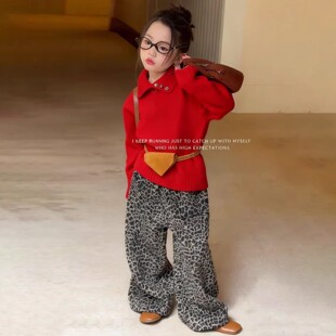 韩版女童2025秋冬新年款红色翻领针织加厚毛衣女孩豹纹加绒直筒裤