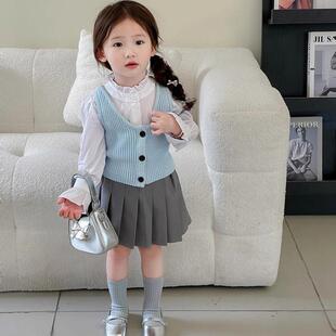 韩版女童2025春秋新款浅蓝色针织坎肩马甲背心女宝宝灰色百褶裙潮