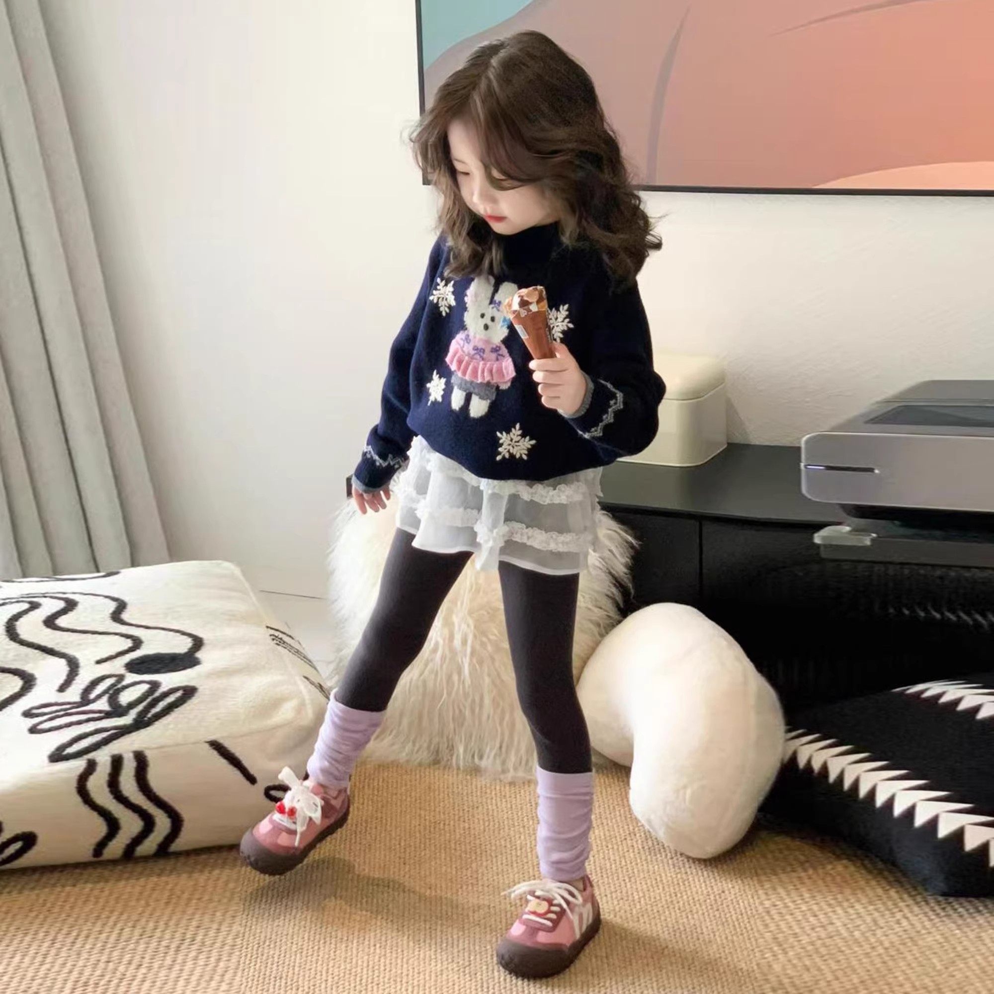 韩版女童2025秋季新款深蓝色雪花兔子针织毛衣女宝宝屁帘打底裤子