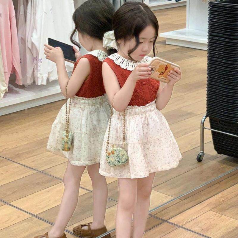 韩国童装2026夏季新款红色镂空针织背心女童洋气上衣甜美碎花半裙