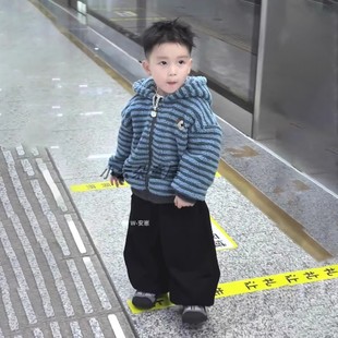 韩版男童2025冬季新款痞帅风蓝色条纹羊羔绒外套小男孩加厚棉服衣