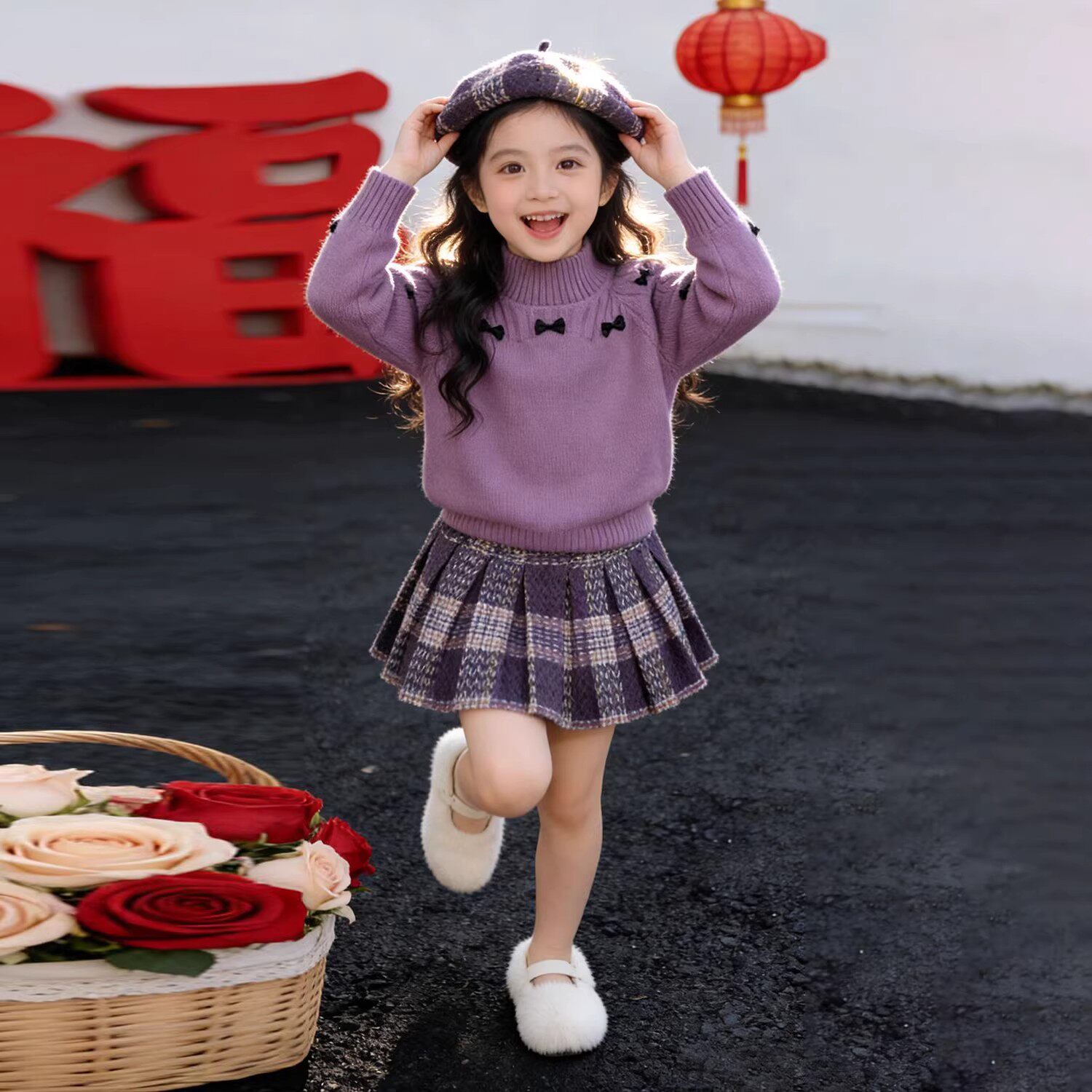 韩版女童春季香芋紫色坑条纹毛衣