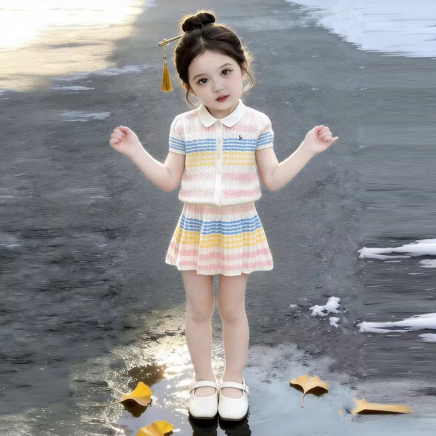 韩版女童2026夏季新款彩色条纹针织套装女孩短袖开衫半身裙两件套