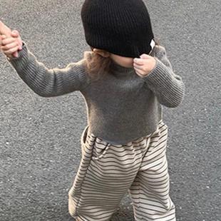 韩版女童2025秋冬新款灰色坑条加厚打底衫女宝宝条纹加绒直筒裤潮