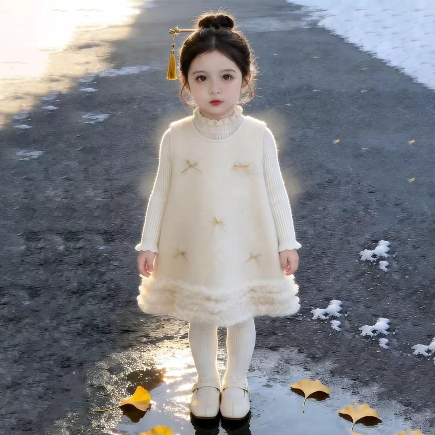 法式女童2026冬季新款小香风蝴蝶结毛呢背心裙女孩周岁礼服连衣裙