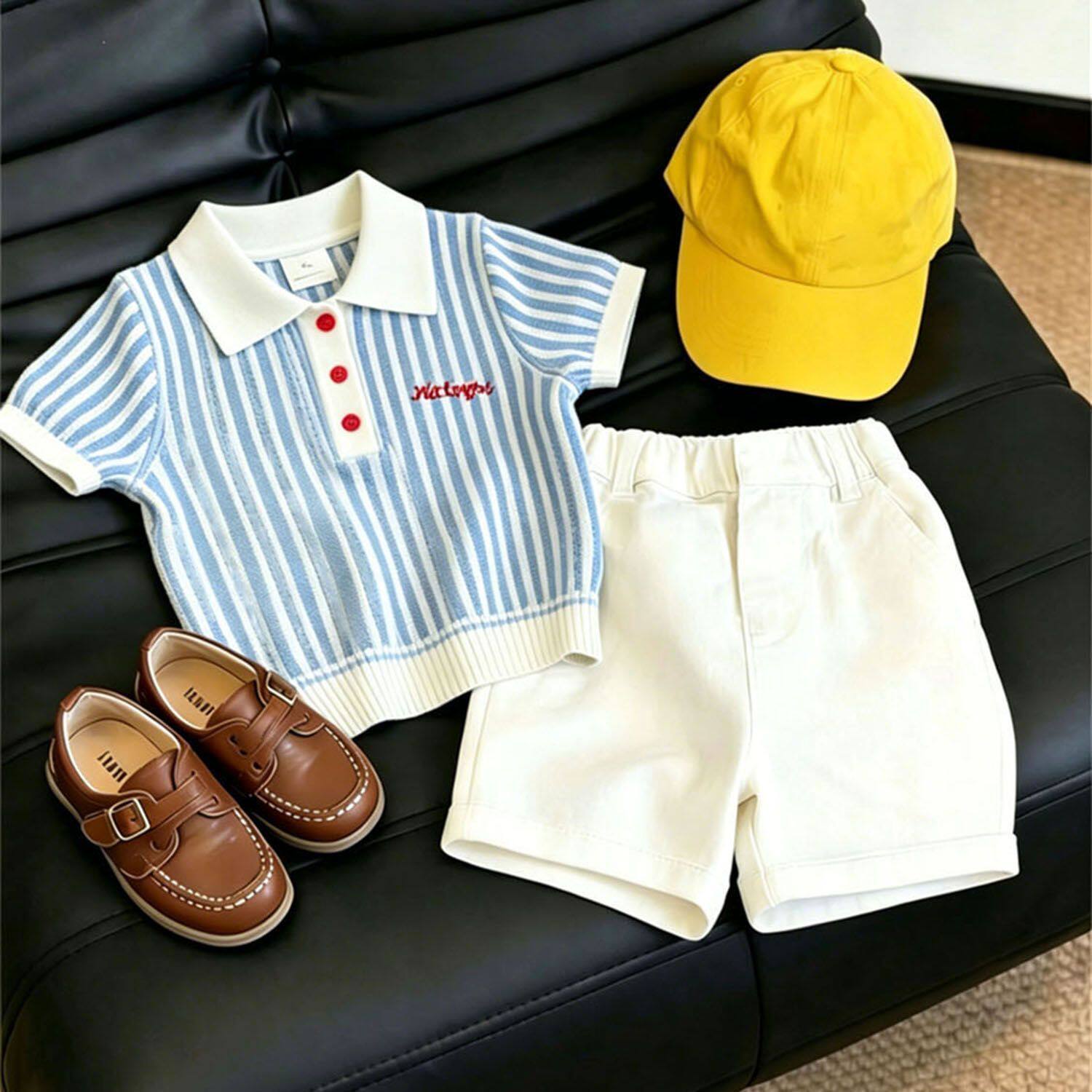 儿童夏蓝色条纹Polo领短袖针织衫