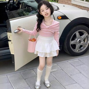 韩版女童2025秋季新款粉色长袖温柔蝴蝶结针织上衣宝宝百褶公主裙