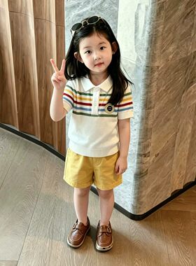 韩版男童夏季彩色条纹短袖针织衫