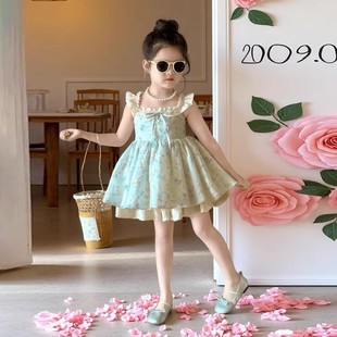 韩国童装2026夏季新款蓝色碎花蕾丝飞袖连衣裙女孩甜美梦幻公主裙