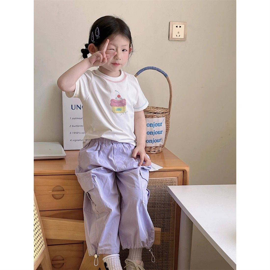 韩版女童2025夏季新款甜美卡通短袖T恤女宝宝紫色工装休闲长裤潮