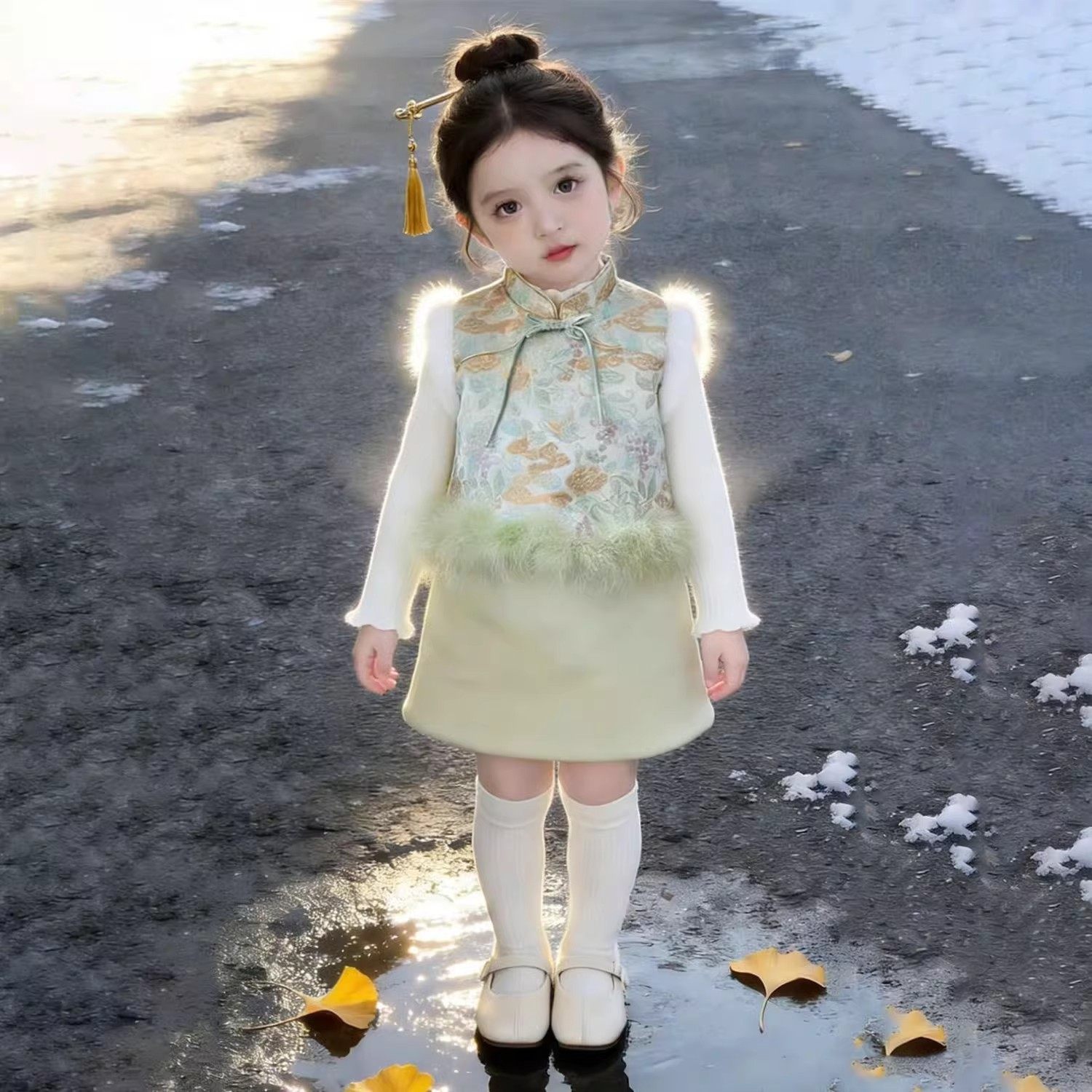 新中式女童2025冬季新年战袍绿色提花夹棉旗袍马甲女孩毛呢半身裙,童装/婴儿装/亲子装,套装,淘宝优惠券,粉丝福利购,淘宝优惠卷